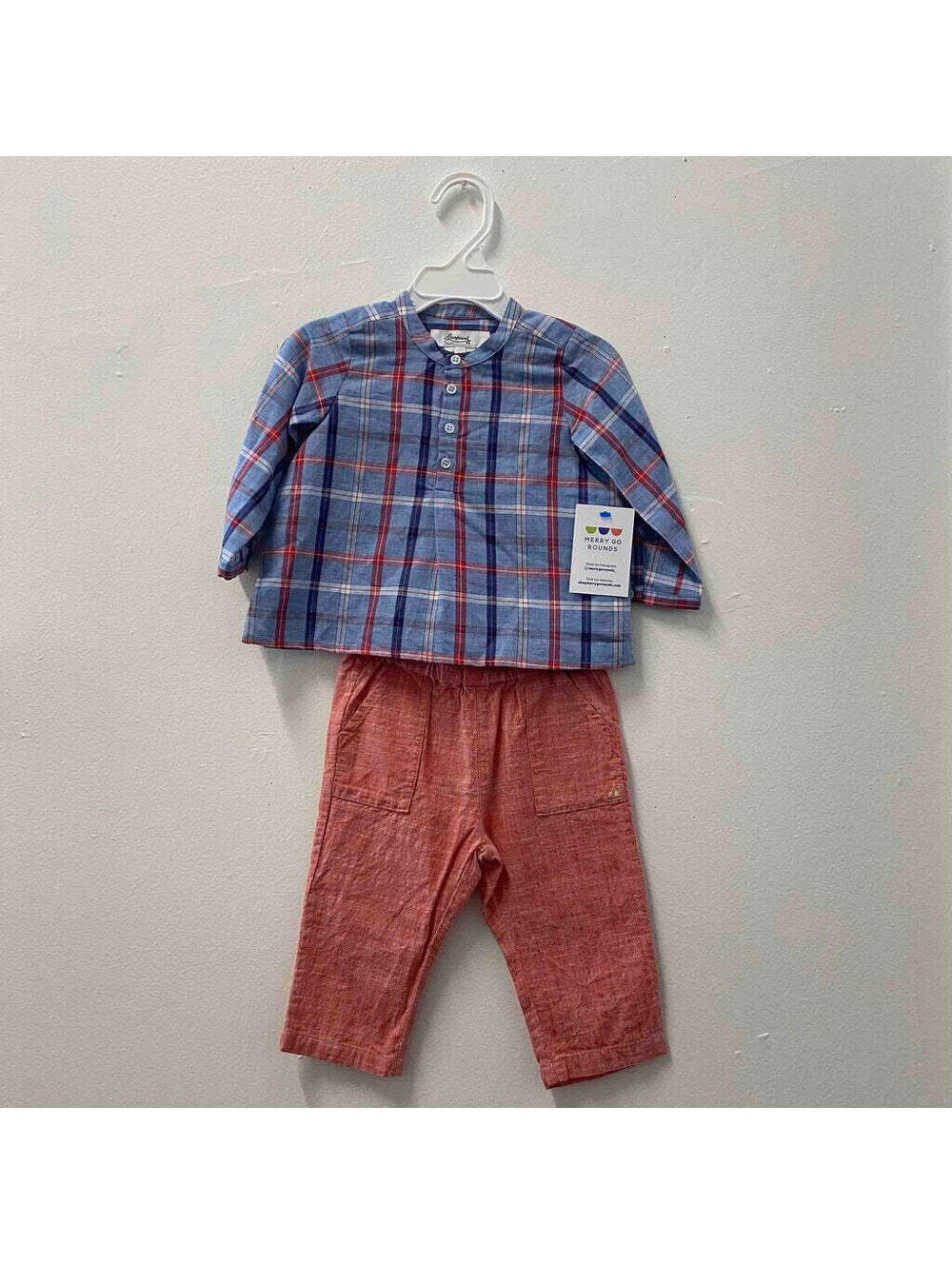 Bonpoint Plaid Shirt & Red Pants Outfit, Boy 12 Months